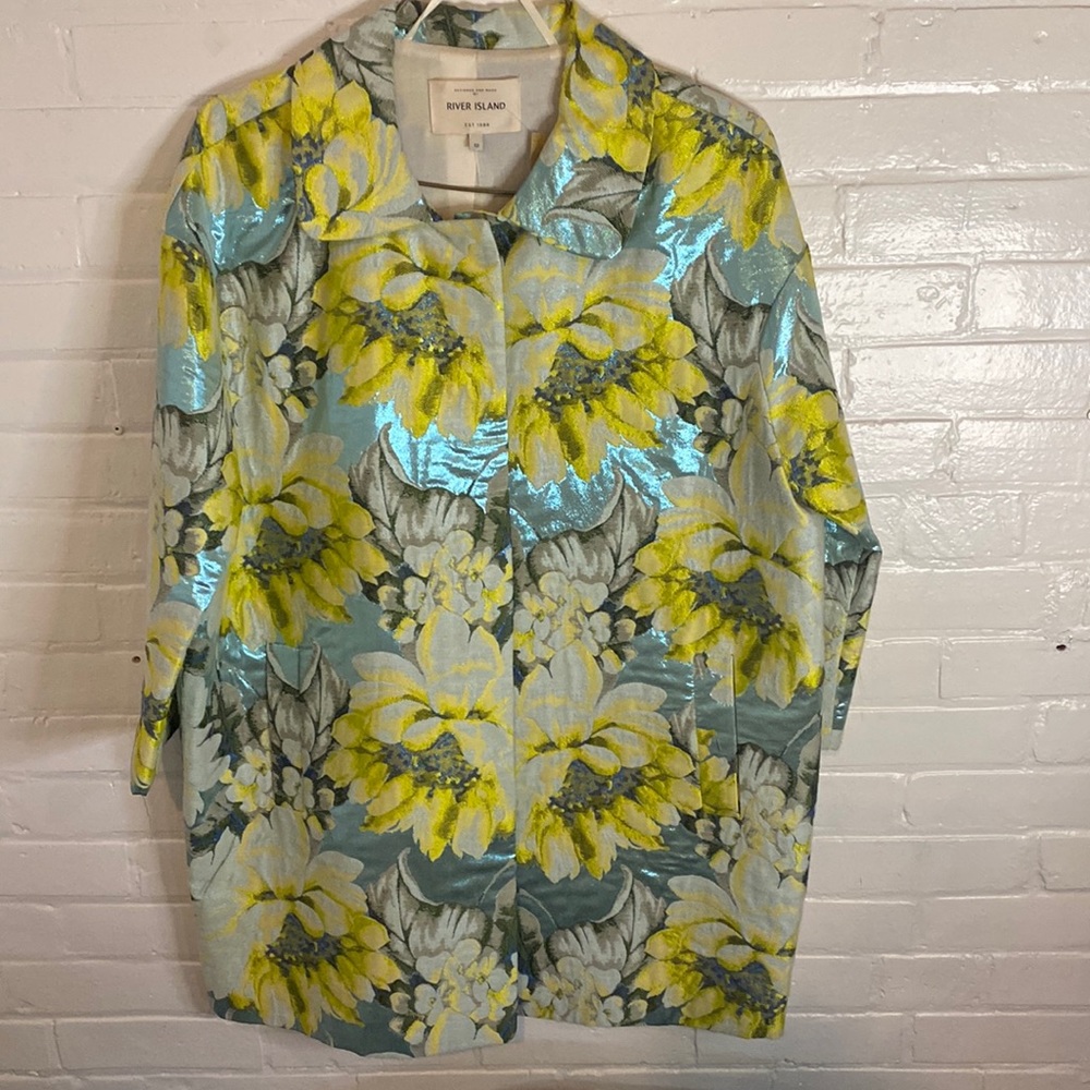 River Island Blue, Yellow Floral Brocade Trench Coat Vintage